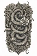Fractal serpent rising from knee, coiling around a flaming rose blooming on the thigh, glowing with light. tattoo design idea