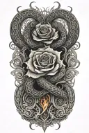 Fractal serpent rising from knee, coiling around a flaming rose blooming on the thigh, glowing with light. tattoo design idea