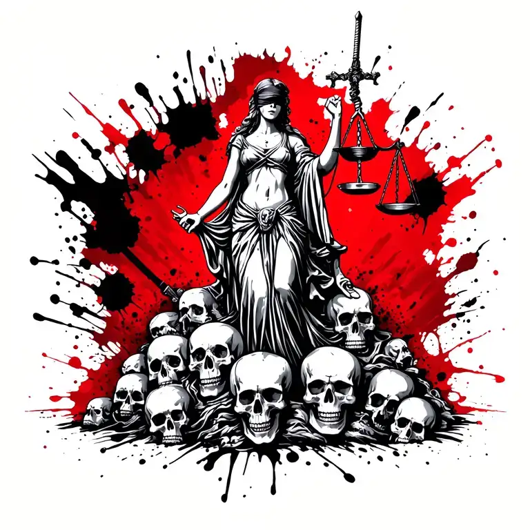 Lady Justice standing triumphantly on top of a pile of skulls, blindfolded, holding scales and a sword, dark tattoo styl tattoo design idea