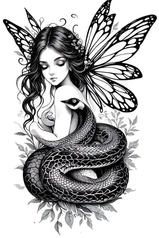 fairy and snake intertwined earthy feminine fairy tattoo design idea