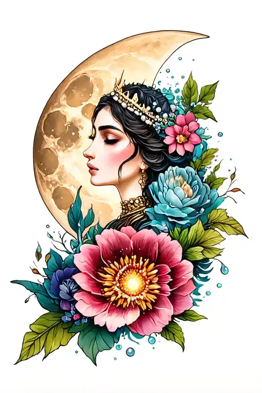 The High Priestess, divine goddess, moon, cosmos, water, pearl crown, florals tattoo design idea