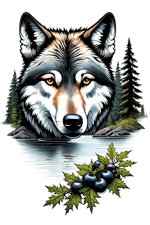 mountains with a wolf, southern long leaf pines, huckleberries, and a river tattoo design idea