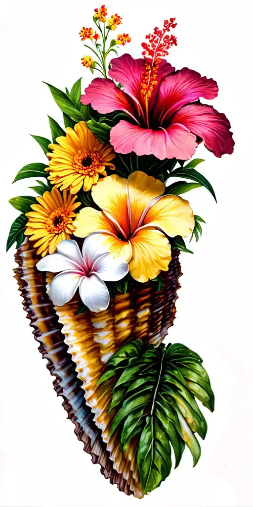 hibiscus, marigold and plumeria in a conch shell bouquet  tattoo design idea