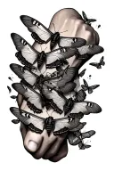 a cluster of moths starting at the elbow wrapping around the arm, the moths are traveling towards the wrist with the clu tattoo design idea