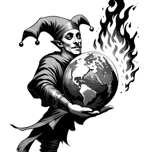 medieval court jester holding a burning earth globe in a dark alley.  he is offering the globe to us as a gift tattoo design idea