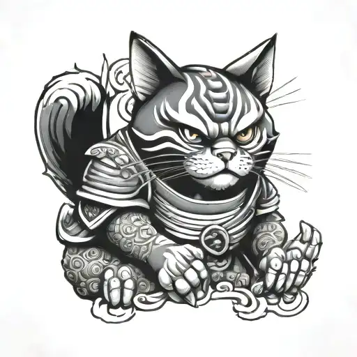 scary japanese samurai fortune cat tattoo design idea