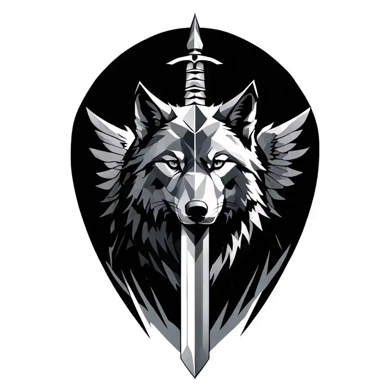 geometric wolf with winged sword on side tattoo design idea