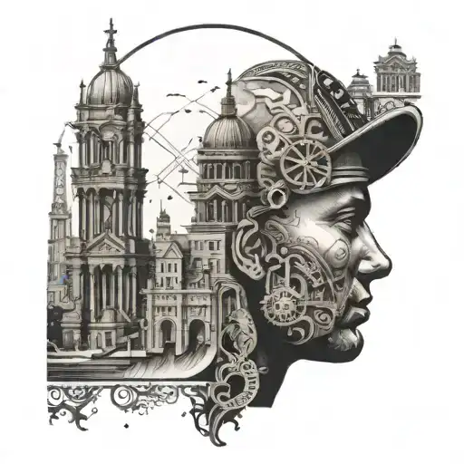 An intricate design featuring historical landmarks from different countries, with a silhouette of a construction worker in the background tattoo design idea