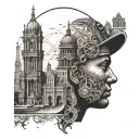 An intricate design featuring historical landmarks from different countries, with a silhouette of a construction worker in the background tattoo design idea