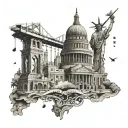 An intricate design featuring historical landmarks from different countries, with a silhouette of a construction worker in the background tattoo design idea