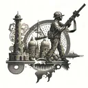 An intricate design featuring historical landmarks from different countries, with a silhouette of a construction worker in the background tattoo design idea