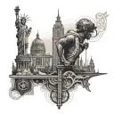 An intricate design featuring historical landmarks from different countries, with a silhouette of a construction worker in the background tattoo design idea