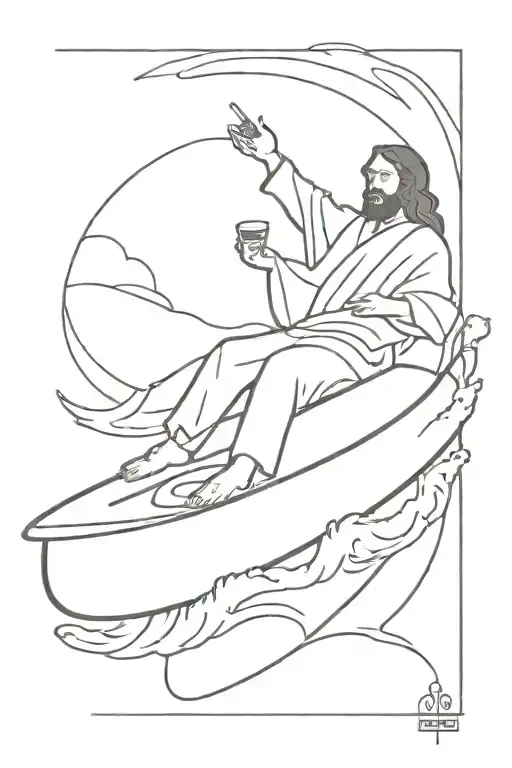 Jesus Christ on a surfboard floats on the waves with a glass of wine in his right hand and a lit cigarette in his left tattoo design idea