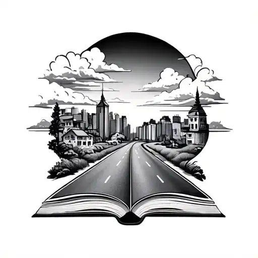 open book with a road in the middle. one side a pop up city. the other side pop up country life tattoo design idea
