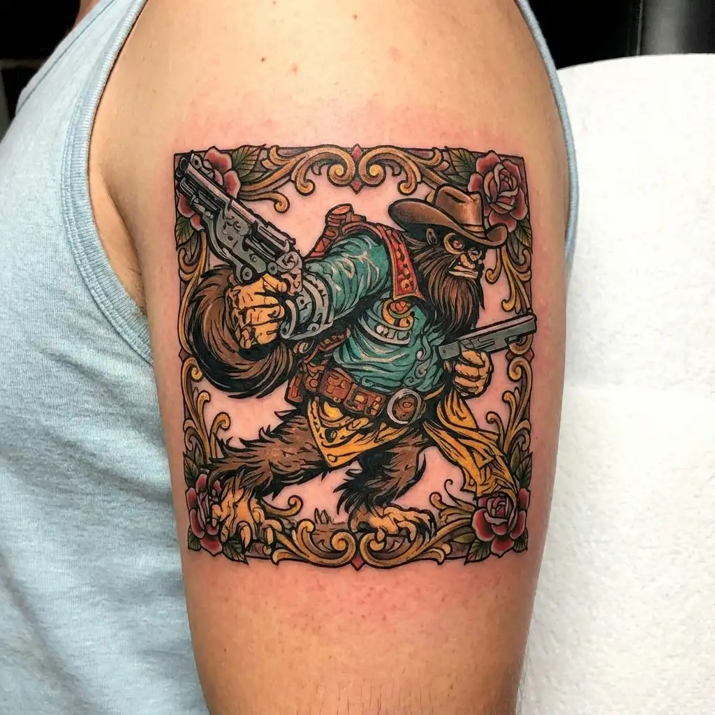 Cowboy Bigfoot with gun tattoo design idea