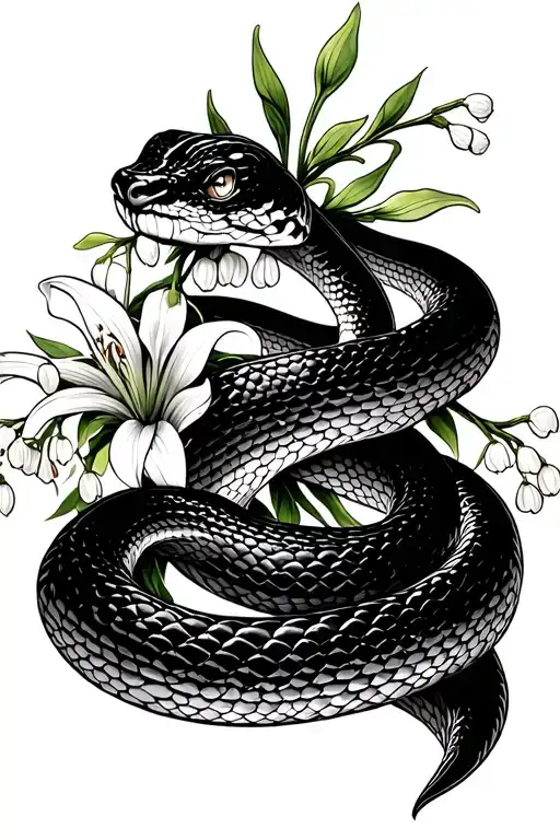 A striking black and white illustration features a coiled snake entwined with a bouquet of Lilly of the Valley, symboliz tattoo design idea