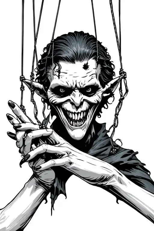 marionette hand holding strings attached to a vampire tattoo design idea