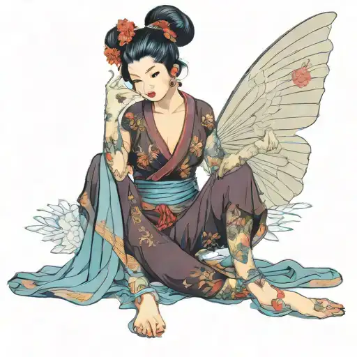 fairy sitting cross legged with burlesque cothes, gloves and a fan in her right hands tattoo design idea