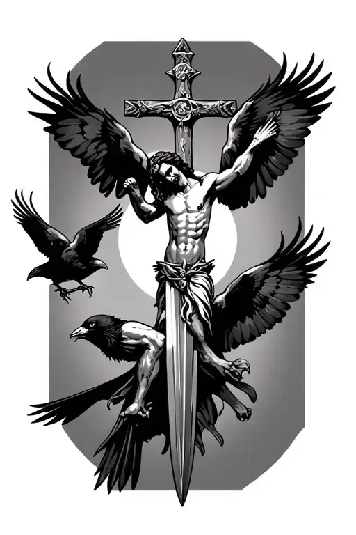jesus on a sword cross, with crows perched and flying with claws no background tattoo design idea