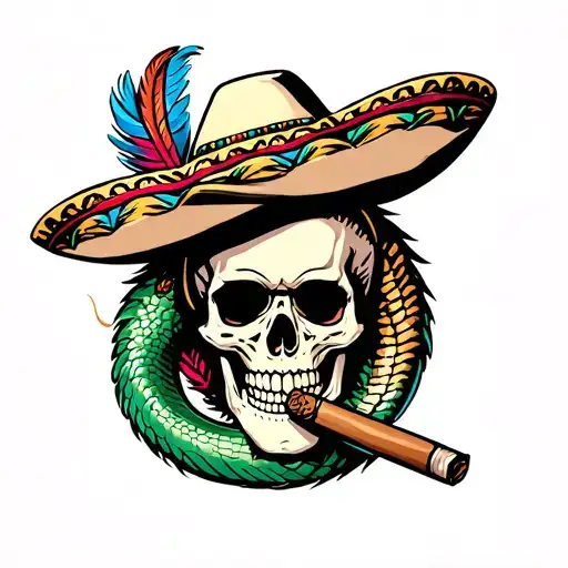 skull wearing sombrero smoking cigar with feathered serpent tattoo design idea