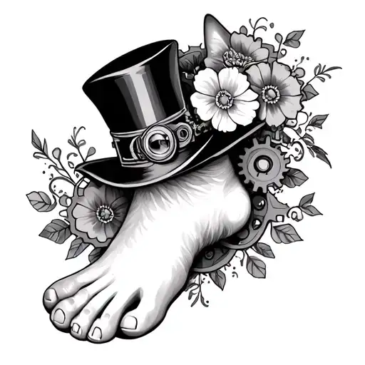 steampunk style foot tattoo with delicate flowers a cat in a top hat and cogs tattoo design idea