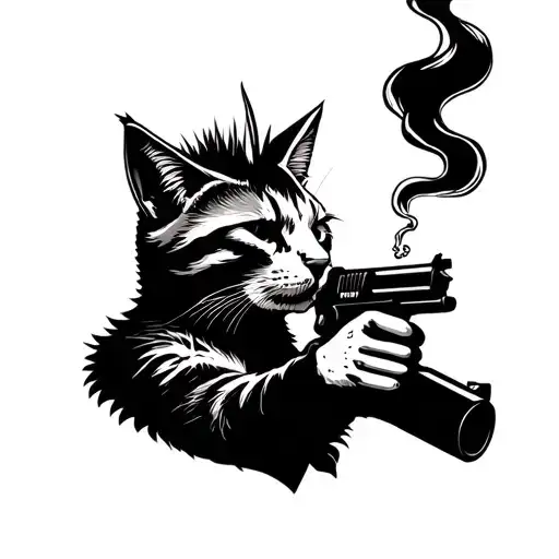 Side profile of cat with mohawk smoking a joint while holding a gun tattoo design idea