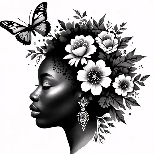 Afrocentric medice with butterflies and flowers tattoo design idea