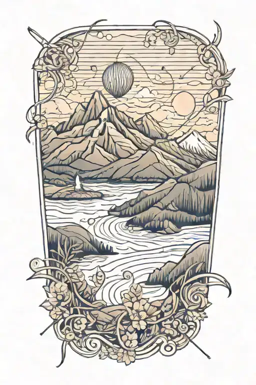 A tattoo design of a needle and thread weaving through a mountain landscape, representing your passion for sewing and the outdoors tattoo design idea