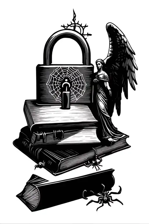 gothic cathedral, book, candle, lock, angel, statue, spider web tattoo design idea