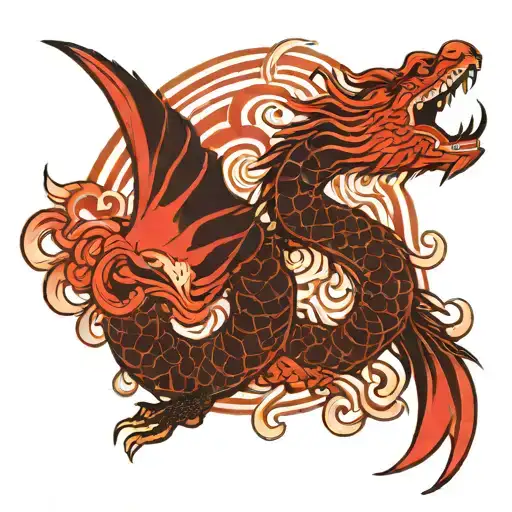 neo traditional japanese dragon and waves and red sun  and face of a black swan tattoo design idea