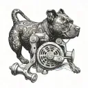 A fishing reel with the silhouette of a Staffordshire bull terrier in the background, capturing the essence of relaxation and companionship tattoo design idea