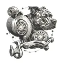 A fishing reel with the silhouette of a Staffordshire bull terrier in the background, capturing the essence of relaxation and companionship tattoo design idea