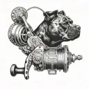 A fishing reel with the silhouette of a Staffordshire bull terrier in the background, capturing the essence of relaxation and companionship tattoo design idea