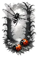 honey bee, dragon fly, lady bug, pixie in an enchanted forest  tattoo design idea