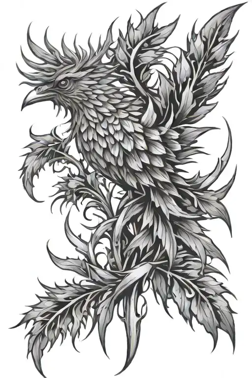 Tattoo composition Thistle, Phoenix, Fire, S, 21, Tech, Cyber tattoo design idea