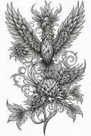 Tattoo composition Thistle, Phoenix, Fire, S, 21, Tech, Cyber tattoo design idea