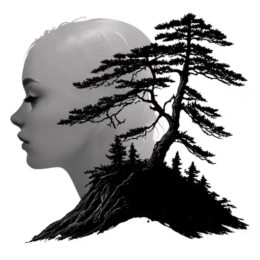 cedar tree and redwood with female sillouette tattoo design idea