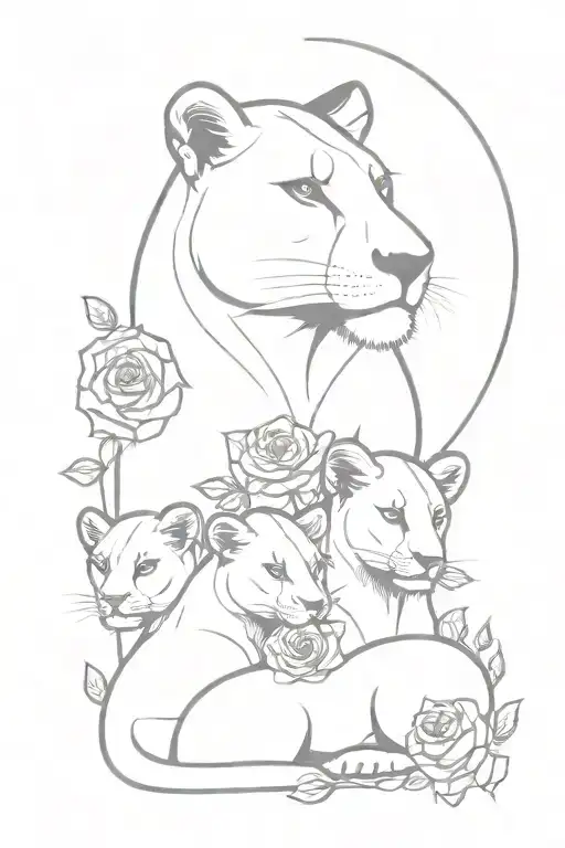 lioness & 3 cubs intertwined with roses tattoo design idea