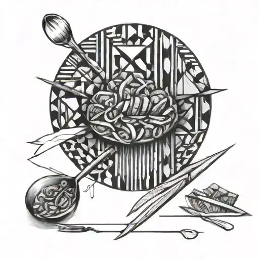 glass, knives, lines, beef cuts, pans, forks, spoons tattoo design idea