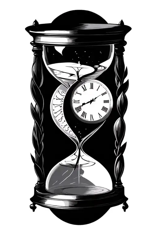 2 clock faces inside eternity sign insdide an hour glass tattoo design idea
