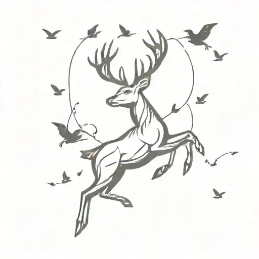 deer with three little birds flying nearby tattoo design idea