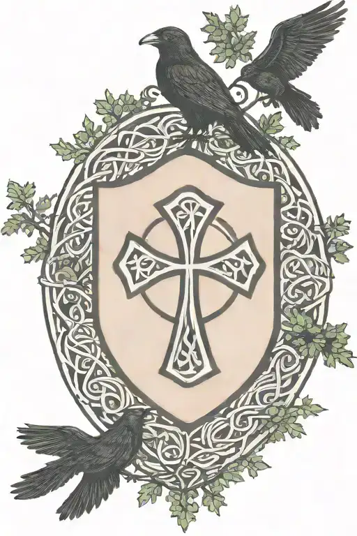 Rooker Family Crest with a celtic cross in a circle as a shield surrounded by cedar trees with  6 Crows tattoo design idea