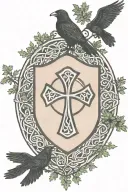 Rooker Family Crest with a celtic cross in a circle as a shield surrounded by cedar trees with  6 Crows tattoo design idea