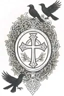 Rooker Family Crest with a celtic cross in a circle as a shield surrounded by cedar trees with  6 Crows tattoo design idea