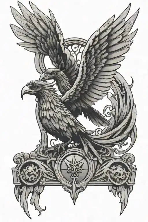 liver bird wings spread with a gate in the background tattoo design idea