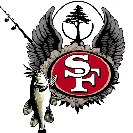 49ers logo with halo and angel wings Incorporated with a tree with a bass on a fishing rod with  Dominic and aunt Joan  tattoo design idea