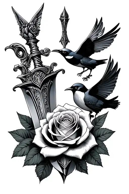 dagger and roses and birds tattoo design idea