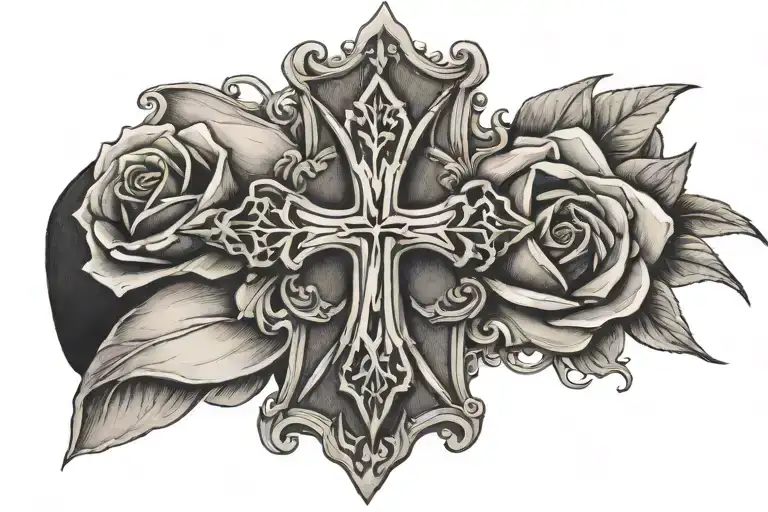 rose armband with gothic cross tattoo design idea