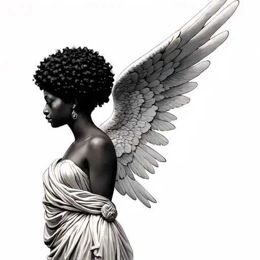 Black and grey realism. side profile. afro centric female angel with toga. Decending. on back and wings on upper arm tattoo design idea