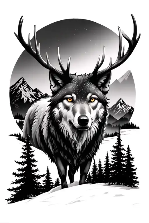 wolf, mountains, bull elk, owl, trees tattoo design idea